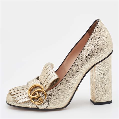 gucci gold kitten heels|gucci marmont fringe heels.